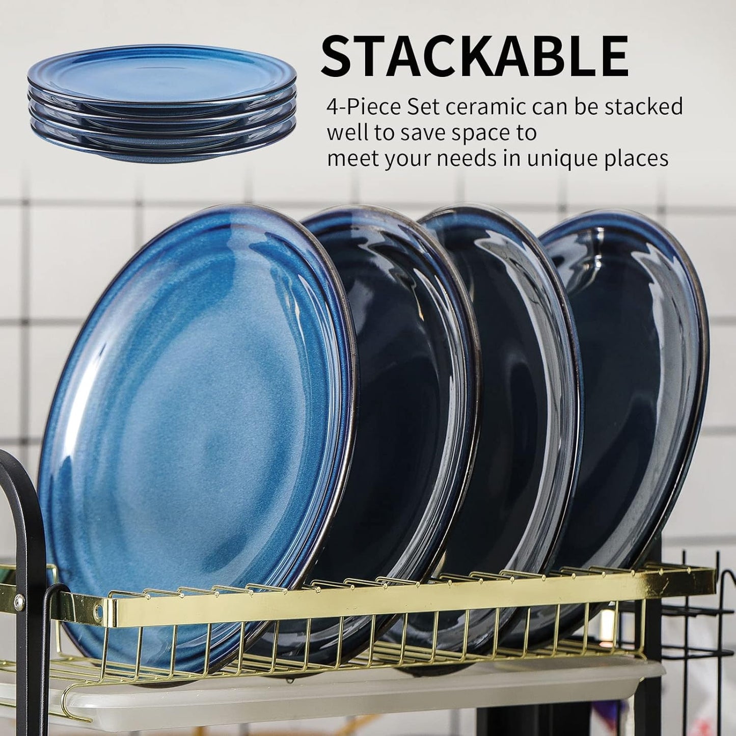 Hasense Ceramic Dinner Plates Set of 4,10 Inch Large Porcelain Pasta and Salad Plates,Blue Stoneware Plate Set Microwave,Oven,and Dishwasher Safe