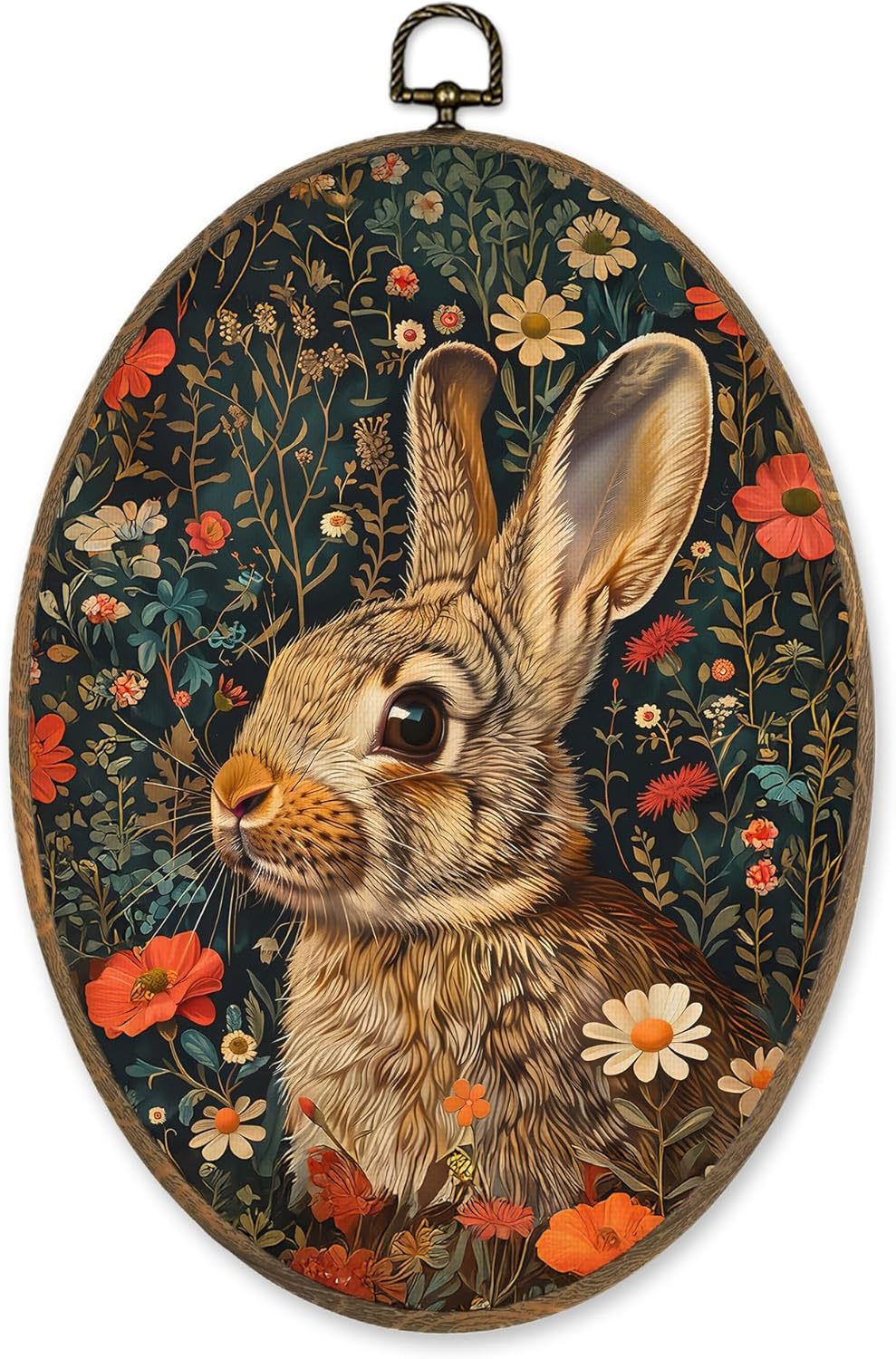 LKETW Vintage William Morris Bunny Floral Oval Wall Art Decor, Cottagecore Rabbit Botanical Floral Oval Canvas Hanging Decor, Retro Bunny Wall Decorations for Home Bedroom Living Room, 8.6x11.4 Inch