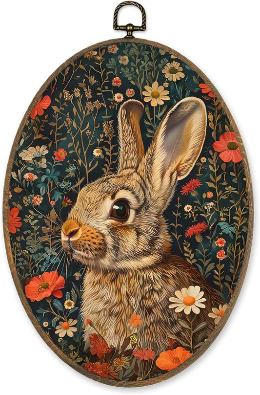LKETW Vintage William Morris Bunny Floral Oval Wall Art Decor, Cottagecore Rabbit Botanical Floral Oval Canvas Hanging Decor, Retro Bunny Wall Decorations for Home Bedroom Living Room, 8.6x11.4 Inch