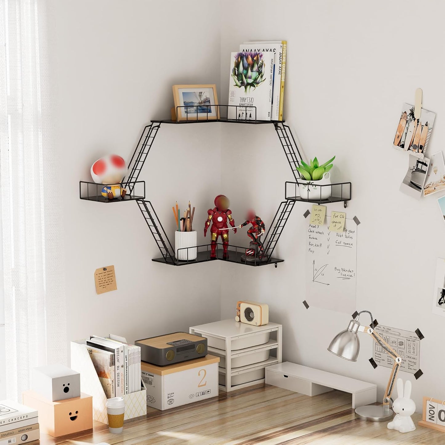 Fire Escape Wall Shelf - New York Fire Escape Shelf, Knick Knack Shelf for Figures, 3-Tier Corner Floating Shelves, Metal Decorative Display Shelves, Black Wall Shelves for Bedroom&Home Decor