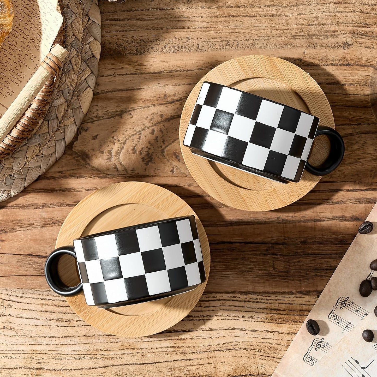 LUKA 6 Ounce Ceramic Stackable Black and White Checkered Espresso Cups with Saucers and Metal Stand Set of 4, Cappuccino Cups Set for Coffee Drinks, Latte, Cafe Mocha and Tea, Black Interior