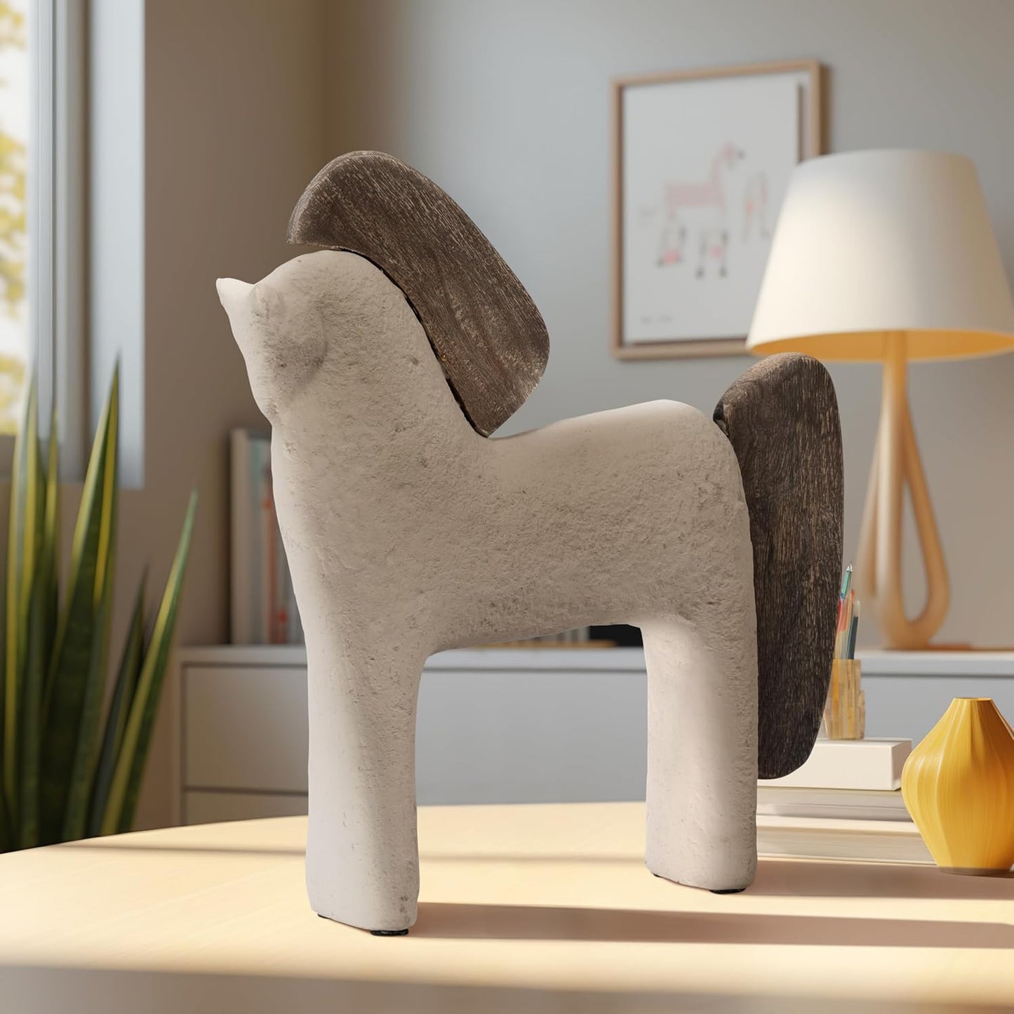 Ecomix Horse Figurine – Handcrafted Pottery and Mango Wood Decorative Accent for Shelf, Console, or Coffee Table Display, Casual Modern Living Room or Office Home Decor, 12", Ivory &Tan