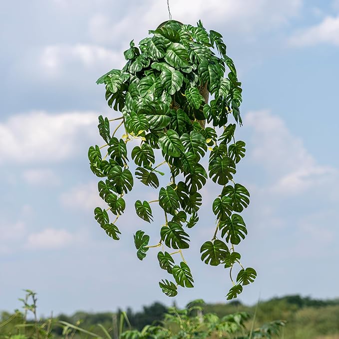 2 PCS Artificial Hanging Plants, Fake Hanging Monstera Leaves Ivy Vine Faux Greenery Tropical Palm Leaves Outdoor Hanging Plants Leaf Plant for Garden Home Decor