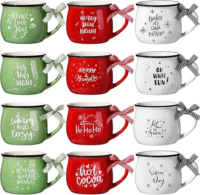 Zubebe Christmas Coffee Mugs Set of 12, 12 oz Hot Cocoa Ceramic Holiday Mugs Set for Mom, Woman, Family, Friend - Farmhouse Tiered Tray Decor, Coffee Bar Decor(Red, Green, White)
