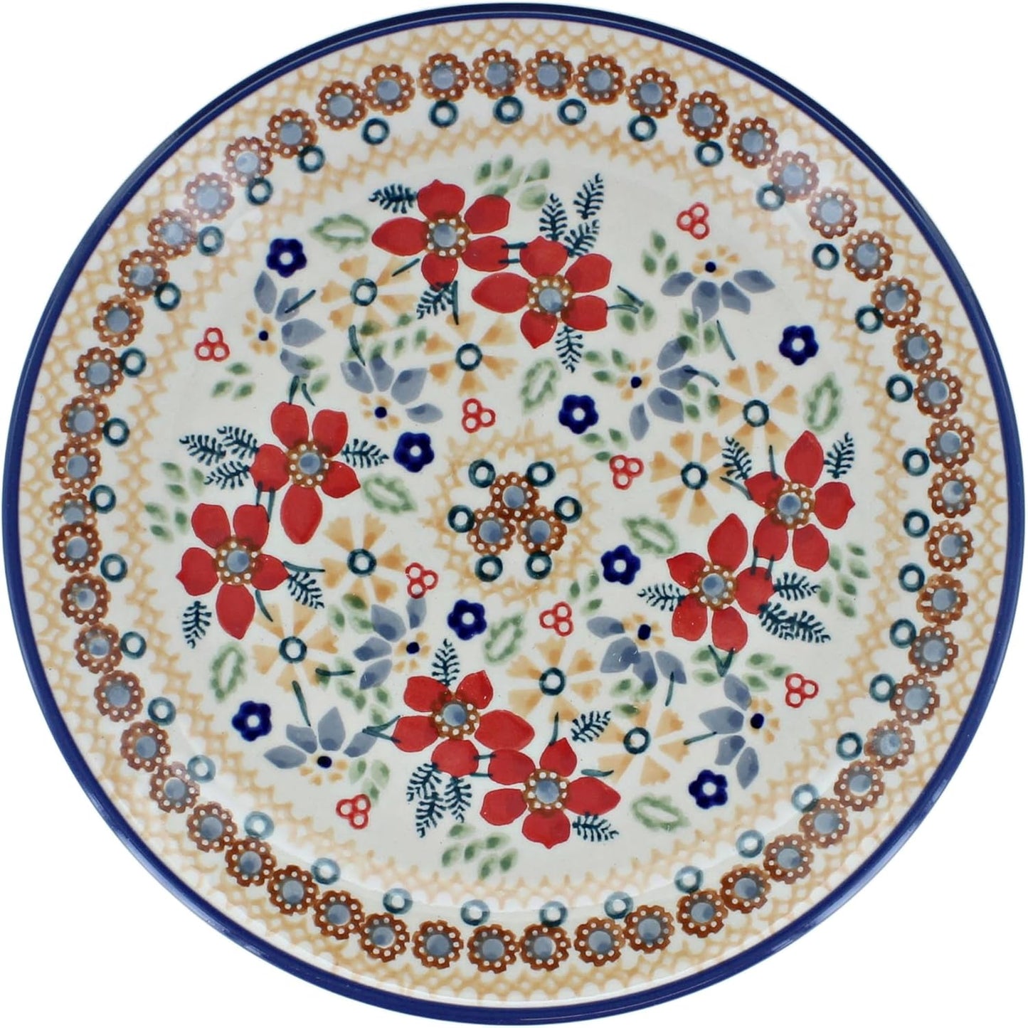 Blue Rose Polish Pottery - Red Daisy Dessert Plate - 7" Diameter - Beautiful Plate for Cake, Appetizers, or Snacks