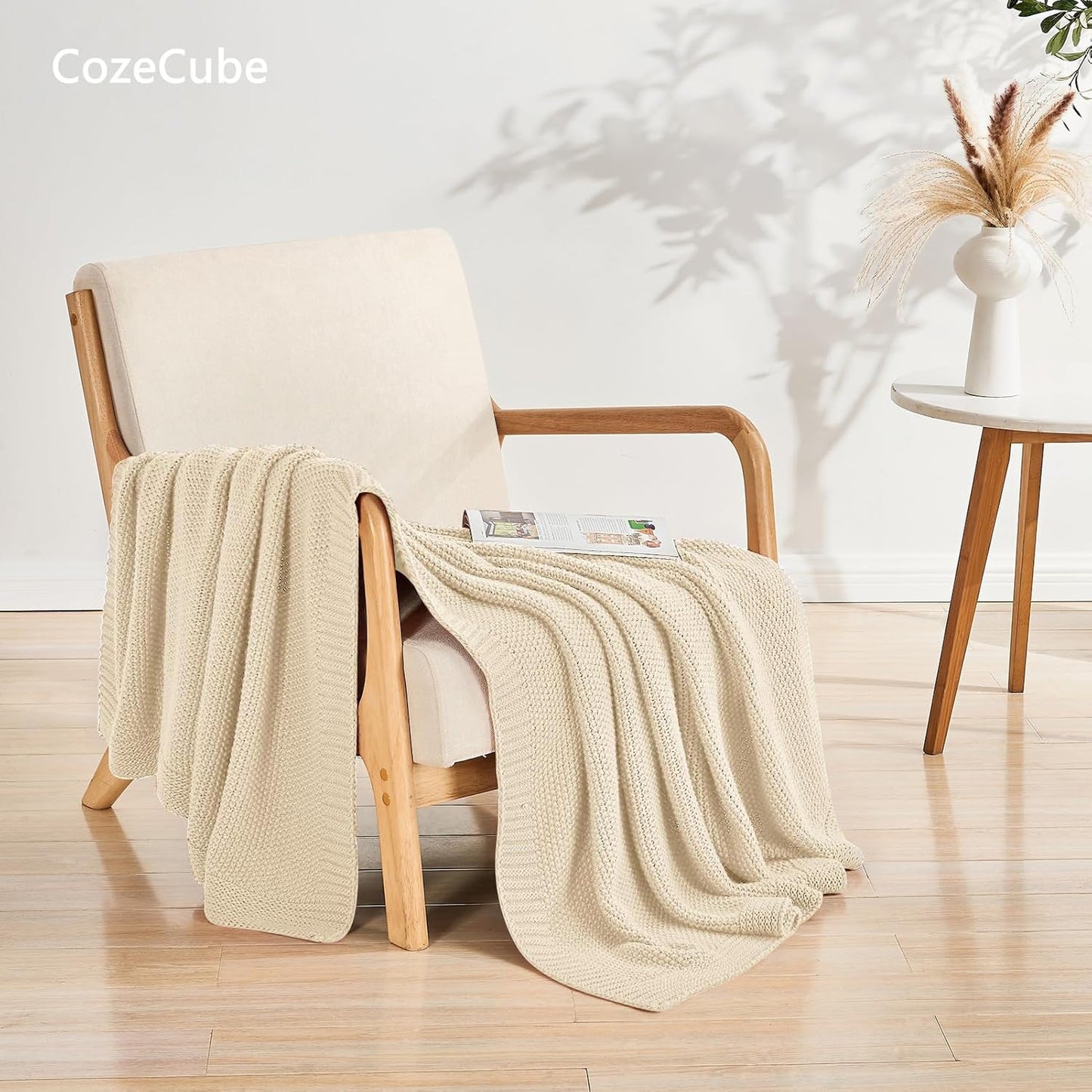 CozeCube Beige Throw Blanket for Couch, Soft Cozy Cable Knit Throw for Bed Sofa Living Room, Lightweight Warm Decorative Farmhouse Christmas Blanket, 60"x80", Light Beige