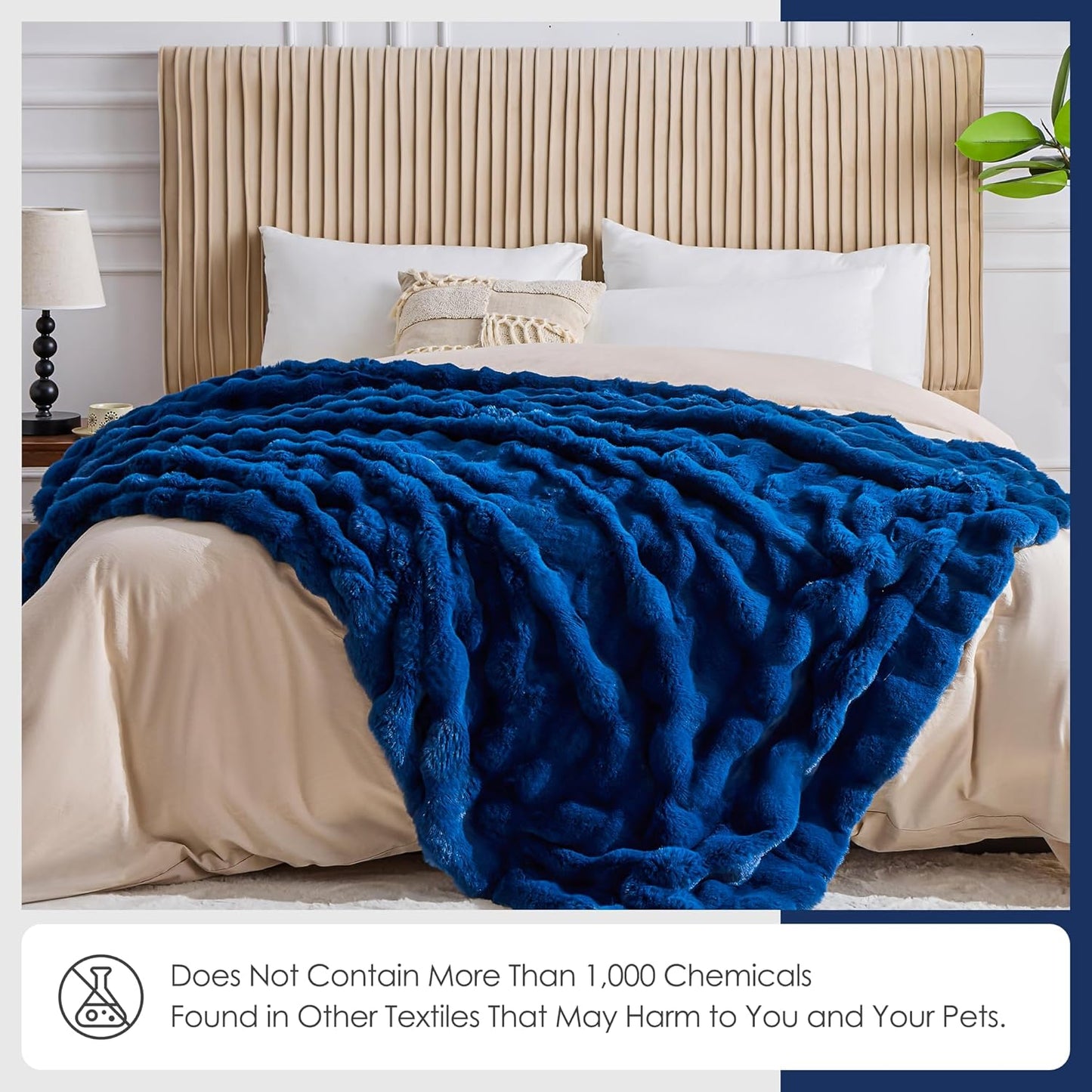 Luxury 1000GSM Faux Rabbit Fur Throw Blanket, Super Heavy Warm Cozy Blankets for Couch Bed Sofa, Bubble Plush Fuzzy Elegant Soft Reversible Mink Blanket for Living Room Bedroom, Navy Blue