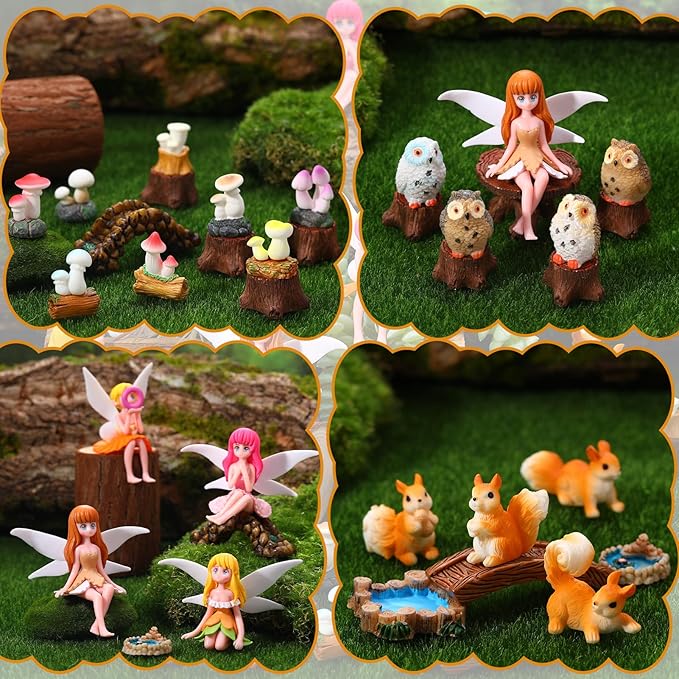 33 Pcs Fairy Garden Accessories Miniatures Garden Kit with Resin Fairies, Mushroom House & Bridge Miniature Accessories for Terrarium, Dollhouse & Outdoor Decor