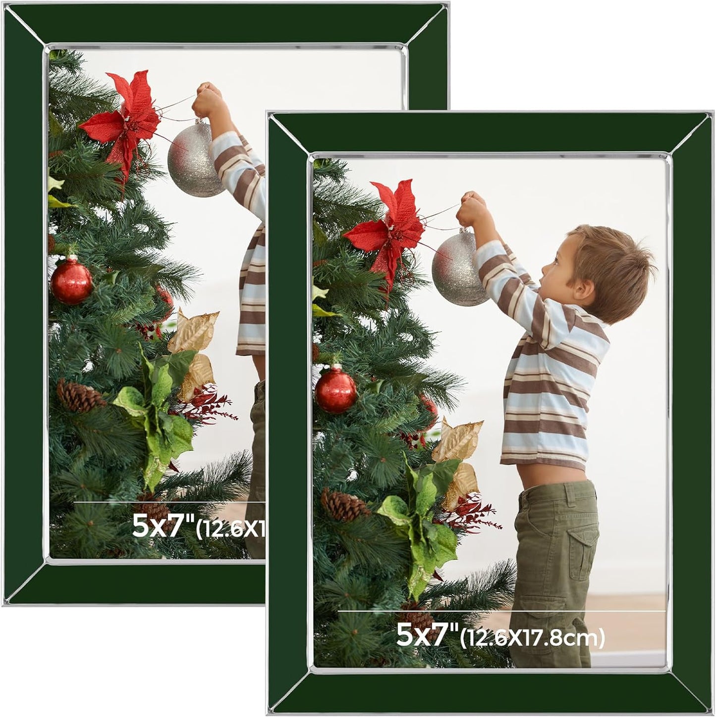 Frametory Enamel Picture Frame - 5x7 Silver Metal Edge Green Enamel Picture Frame With Easel and Velvet Back for Tabletop Display, Bookshelf, 5x7 Wall Decoration, Photo Frames, Picture Display-2 Set