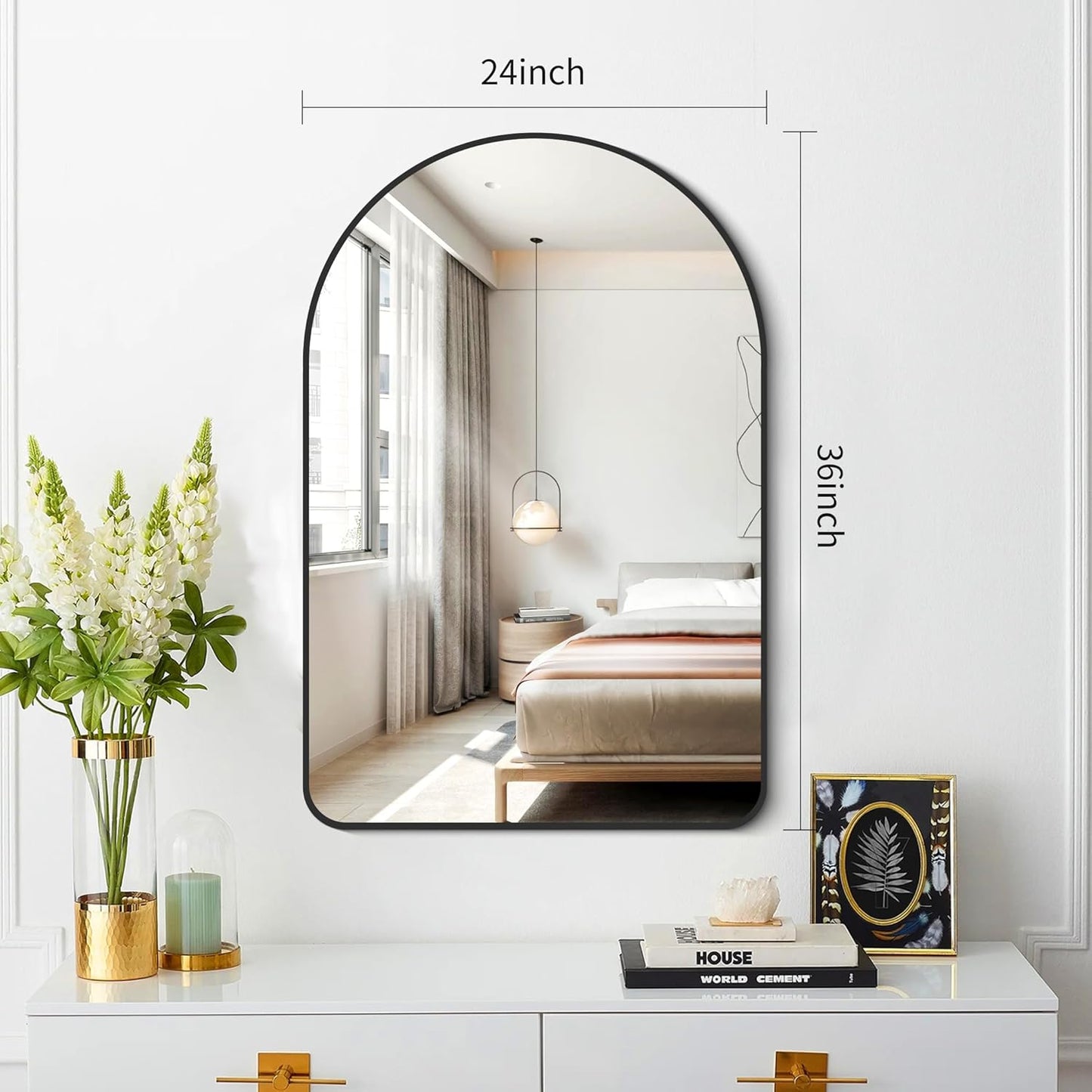 FORBATH Arched Bathroom Mirror 24x36 Inch,Bathroom Mirror Wall Mounted Modern Black Aluminum Alloy Frame Decor Dresser Mirror for Bedroom Living Room Entryway, Hanging or Leaning Against Wall