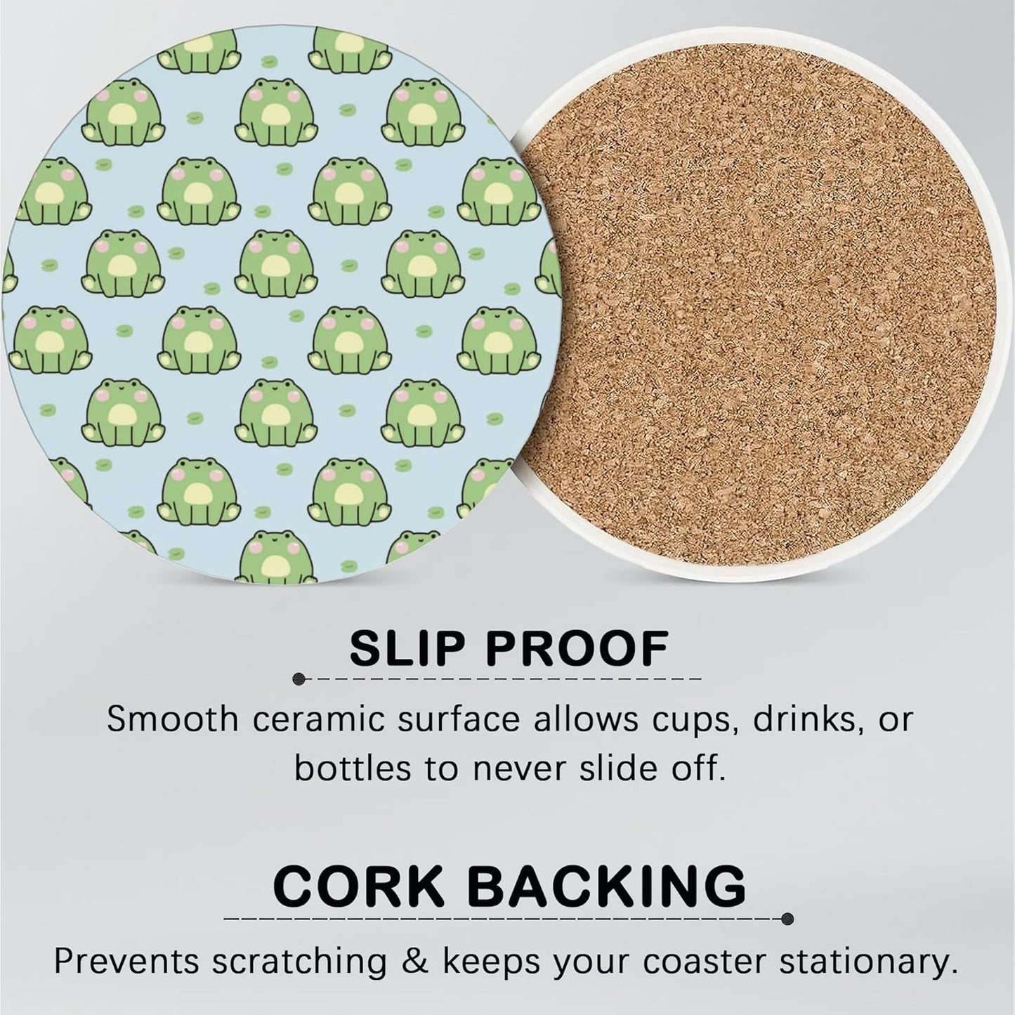 Drink Coasters for Drinks Set of 6,Cute Frog Absorbent Round Ceramic Stone Mat Coaster, with Cork Base and Metal Holder, Home Bar Decor House Warming Gift