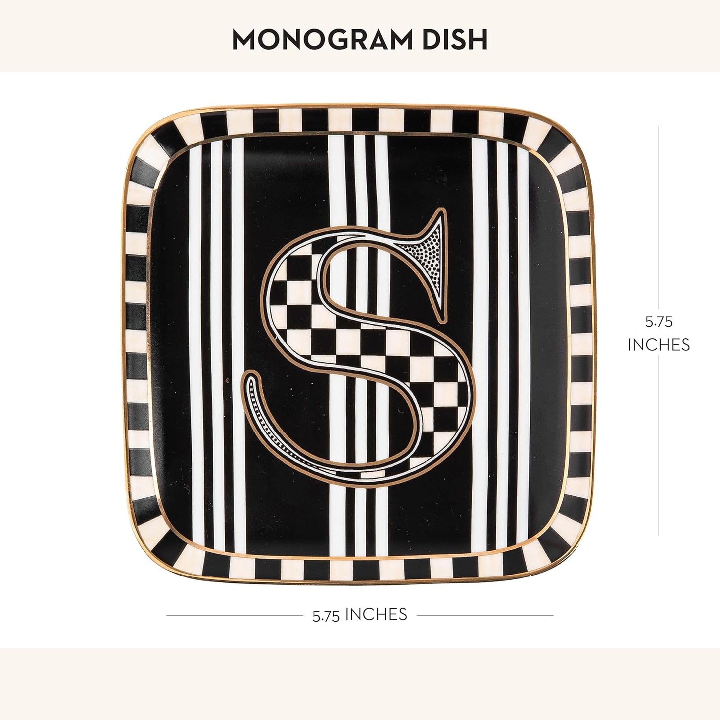MACKENZIE-CHILDS Monogram Dish, Decorative Ceramic Letter Plate, 5 3/4" Square, S