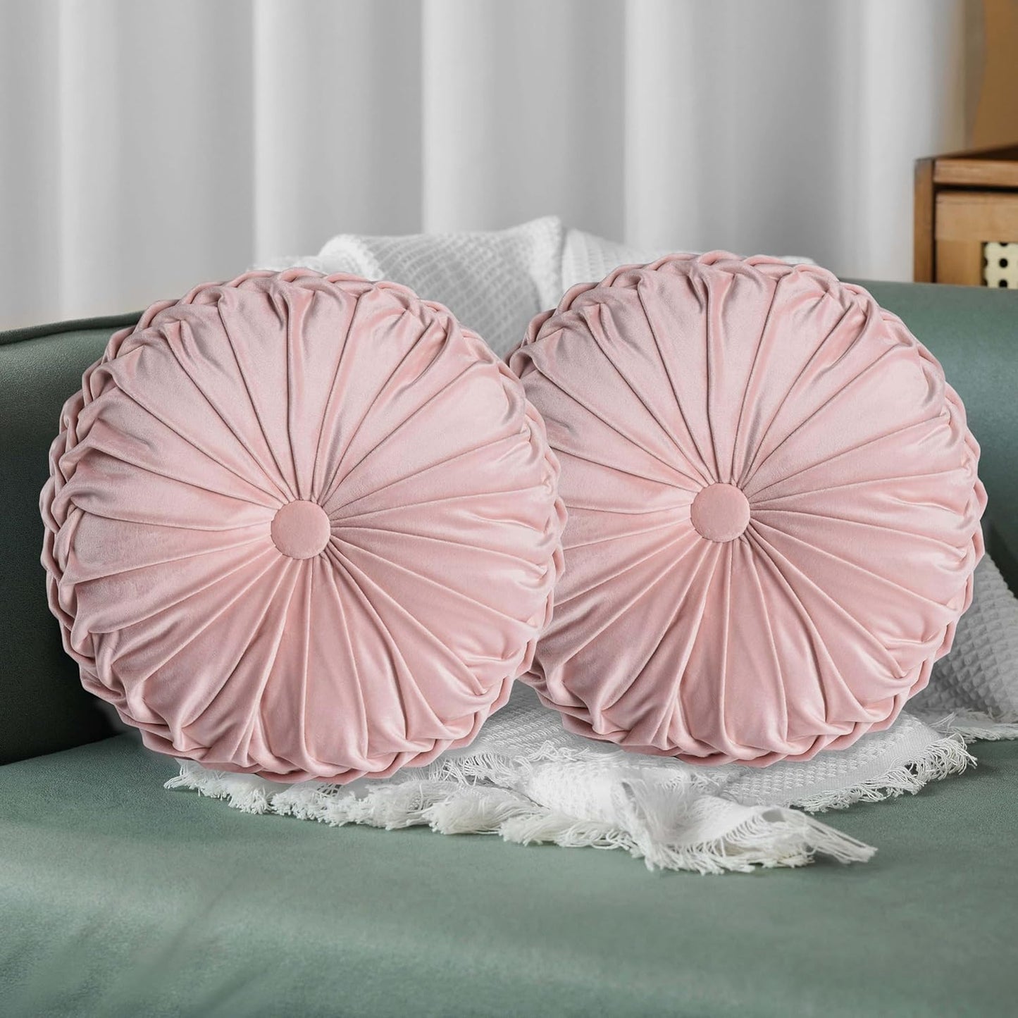 HIG Set of 2 Pink Ruched Velvet Round Throw Pillows – 14.5’’ Decorative Pillows with Soft Polyester Filling for Couch, Bed, Living Room, Bedroom, or Dorm – Handmade, Stress Relieving, All-Season