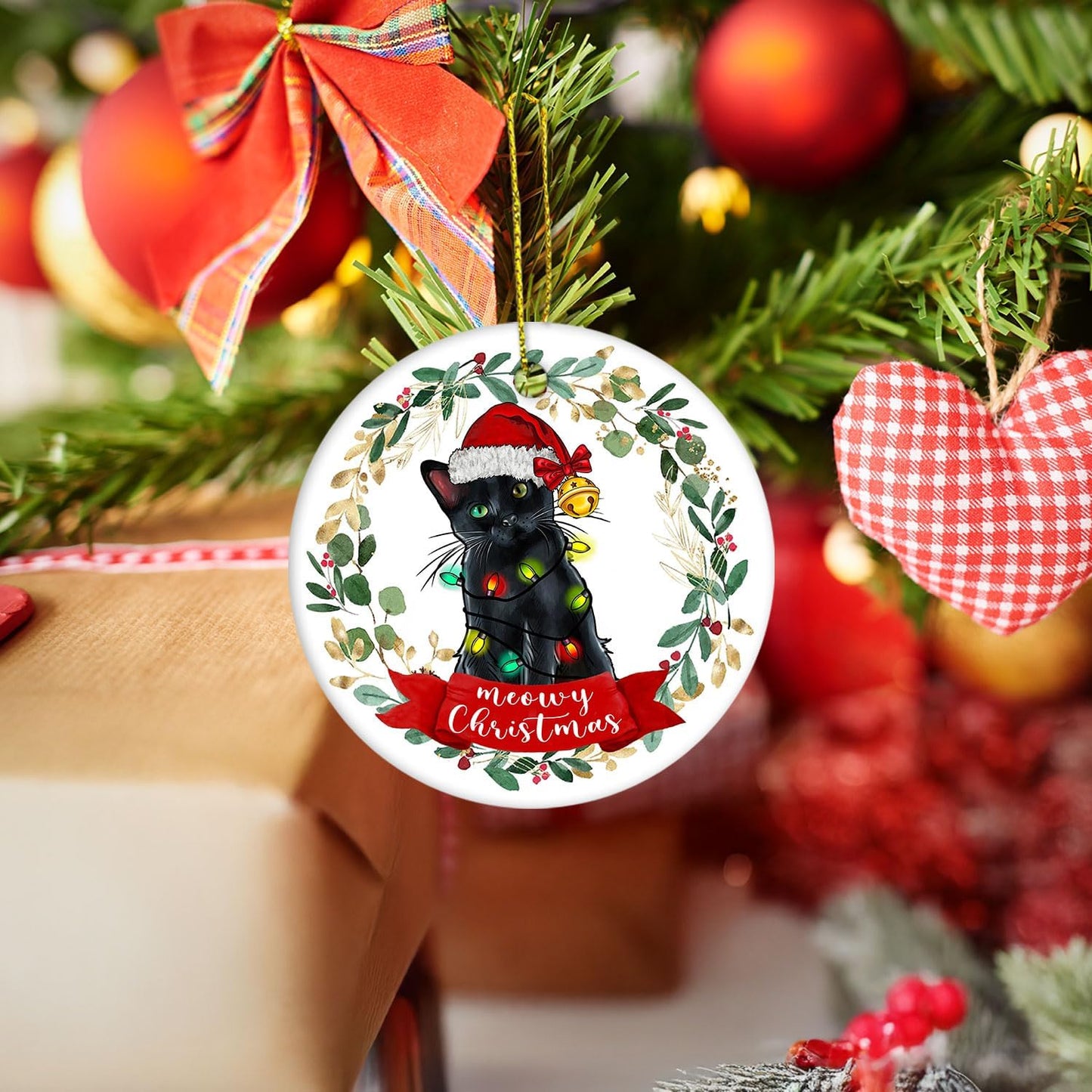 Black Cat Christmas Ornament - Meowy Christmas Tree Decoration, Cat Gifts and Decor, Hanging Ornament