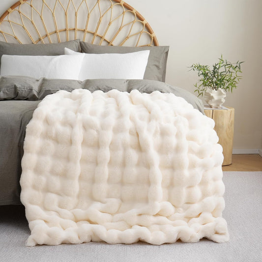 BENVWE Fluffy Faux Fur Throw Blanket for Couch, Soft Plush Thick Cozy Fuzzy Luxury Minky Bubble Blanket for Home Living Room Decor Gift for Women, Warm Ivory, 63" x 80", 1100GSM