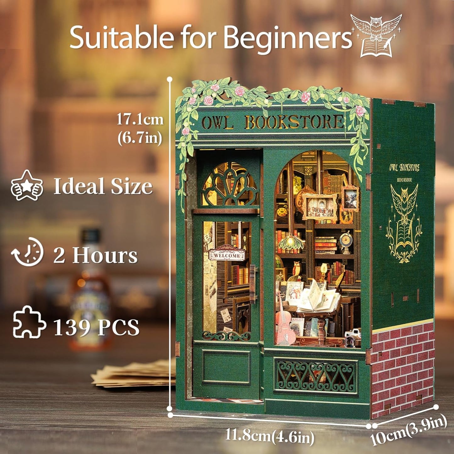 Cutefun Book Nook Kit - DIY Miniature House Kit for Bookshelf Decor, Book Nook Kits for Adults & Beginners, 3D Wooden Puzzle Dollhouse, Ideal Gift for Family and Friends (OWL Bookstore)