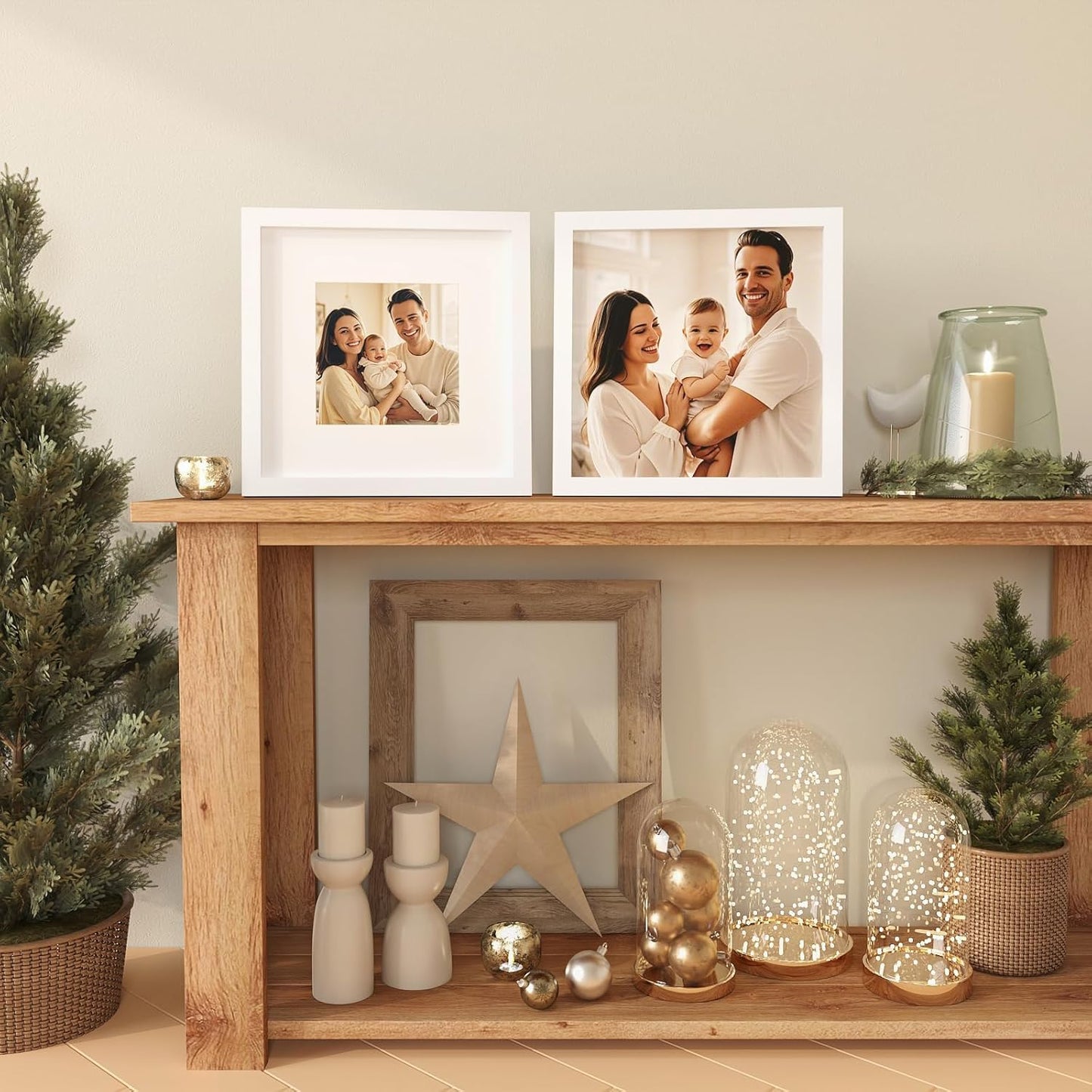 KINLINK 10x10 Picture Frame, White Square Solid Wood Frames for Pictures 6x6 with Mat or 10x10 without Mat, Wall and Tabletop Display Photo Frames White 4 Pack