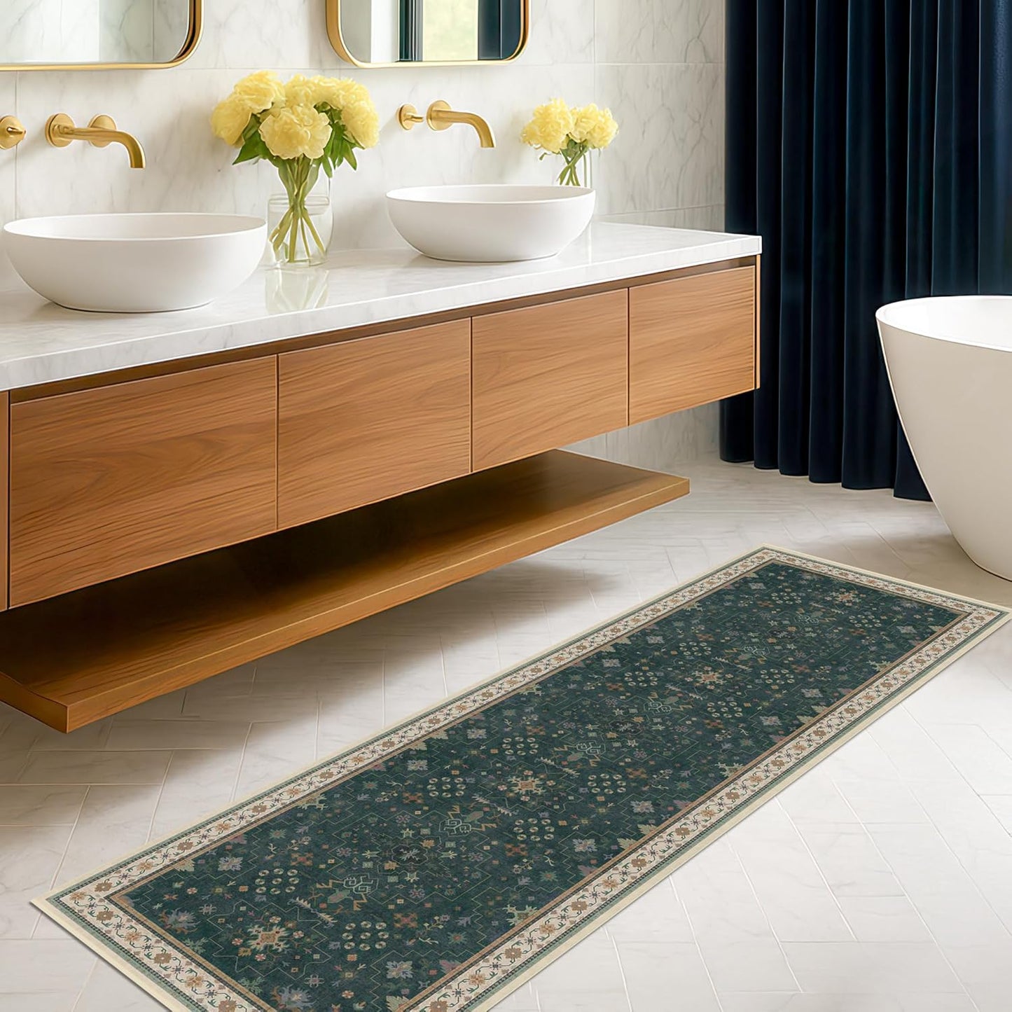 Dark Green 2x7 Kitchen Rug - Modern Vintage Boho Eclectic Floral Pastel, Washable Low Pile Non-Slip Long Runner Rugs for Hallway, Bedroom