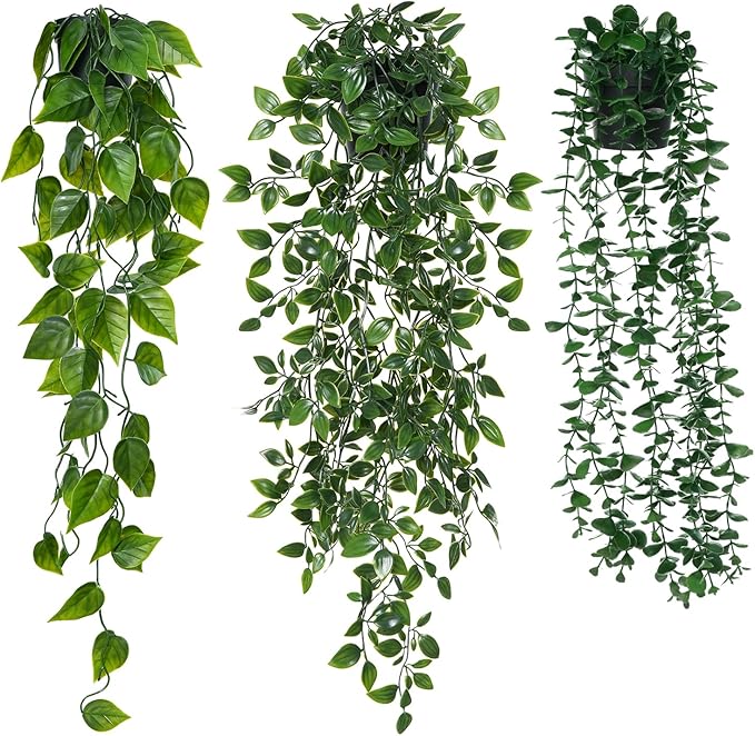 3 Pack Small Fake Hanging Plants, Artificial Eucalyptus, Pothos & Mandala Vines with Plastic Pot for Indoor Home Decor, Wall, Office, Bathroom, Kitchen, Shelf, Farmhouse Room Decoration
