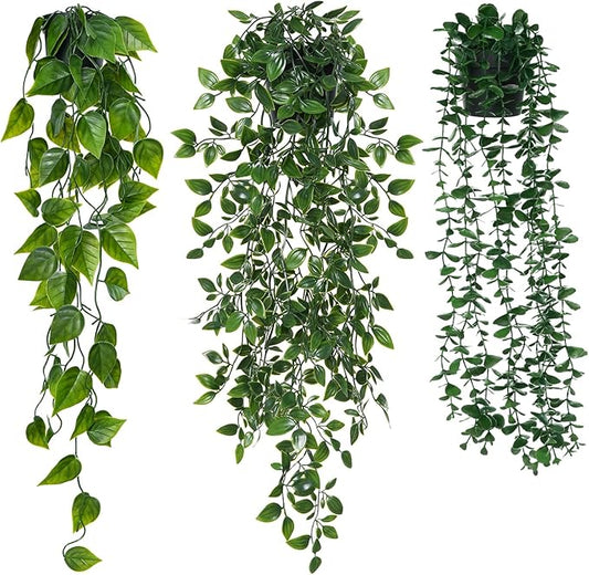3 Pack Small Fake Hanging Plants, Artificial Eucalyptus, Pothos & Mandala Vines with Plastic Pot for Indoor Home Decor, Wall, Office, Bathroom, Kitchen, Shelf, Farmhouse Room Decoration
