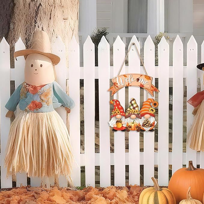 Fall Welcome Door Sign,Autumn Gnome Welcome Sign,Fall Gnome Sign,Thanksgiving Wooden Front Door Sign,Fall Pumpkin Wall Plaque,Rustic Sunflower Wall Sign for Farmhouse Porch Outdoor Home Garden