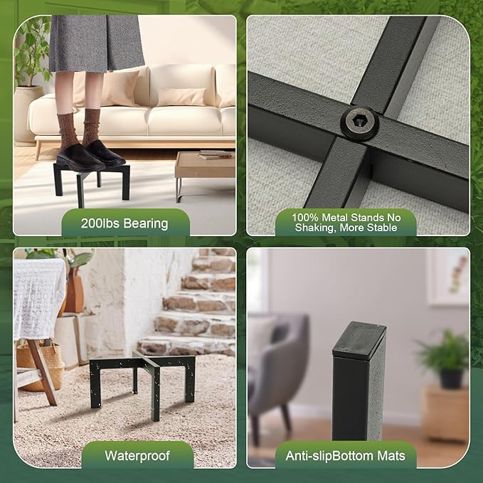 Heavy-Duty Metal Plant Stands Indoor Outdoor, 2/3 Pack Modern Plant Holder & Rattan Stool - Low Short Black Plant Stands Fit 5-12 Inch Pots (Plant Not Included)(3Pcs)