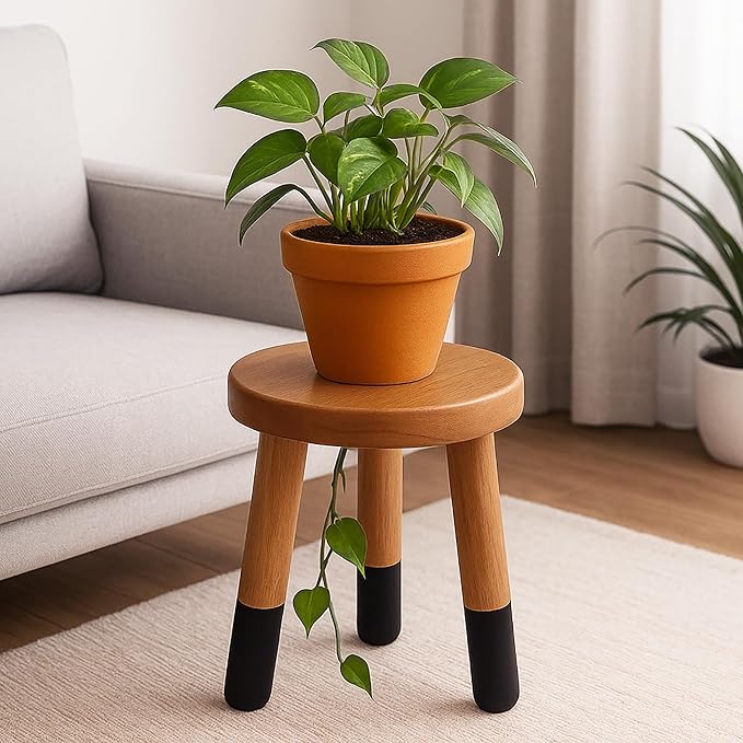 Rubber Wood 9" Round Plant Stand |Dip Dyed Black Stool, Wood Riser |Milking Stool (10" H)
