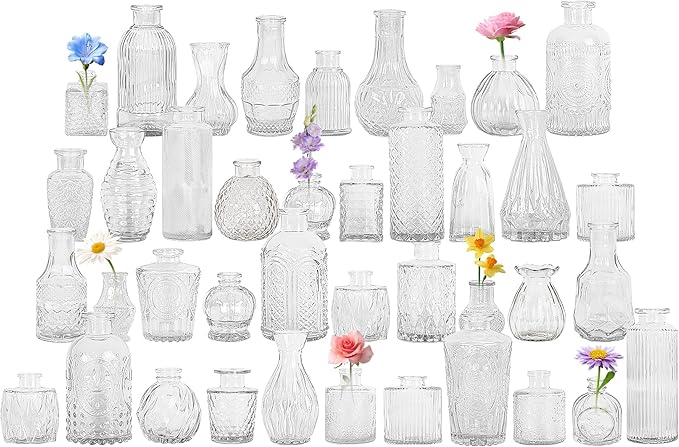 40Pcs Glass Bud Vase Set,Small Flower Vase for Tables Centerpieces Decor, Mini Vintage Clear Vase for Home,Wedding,Party Decorations（40 Pcs，Clear）