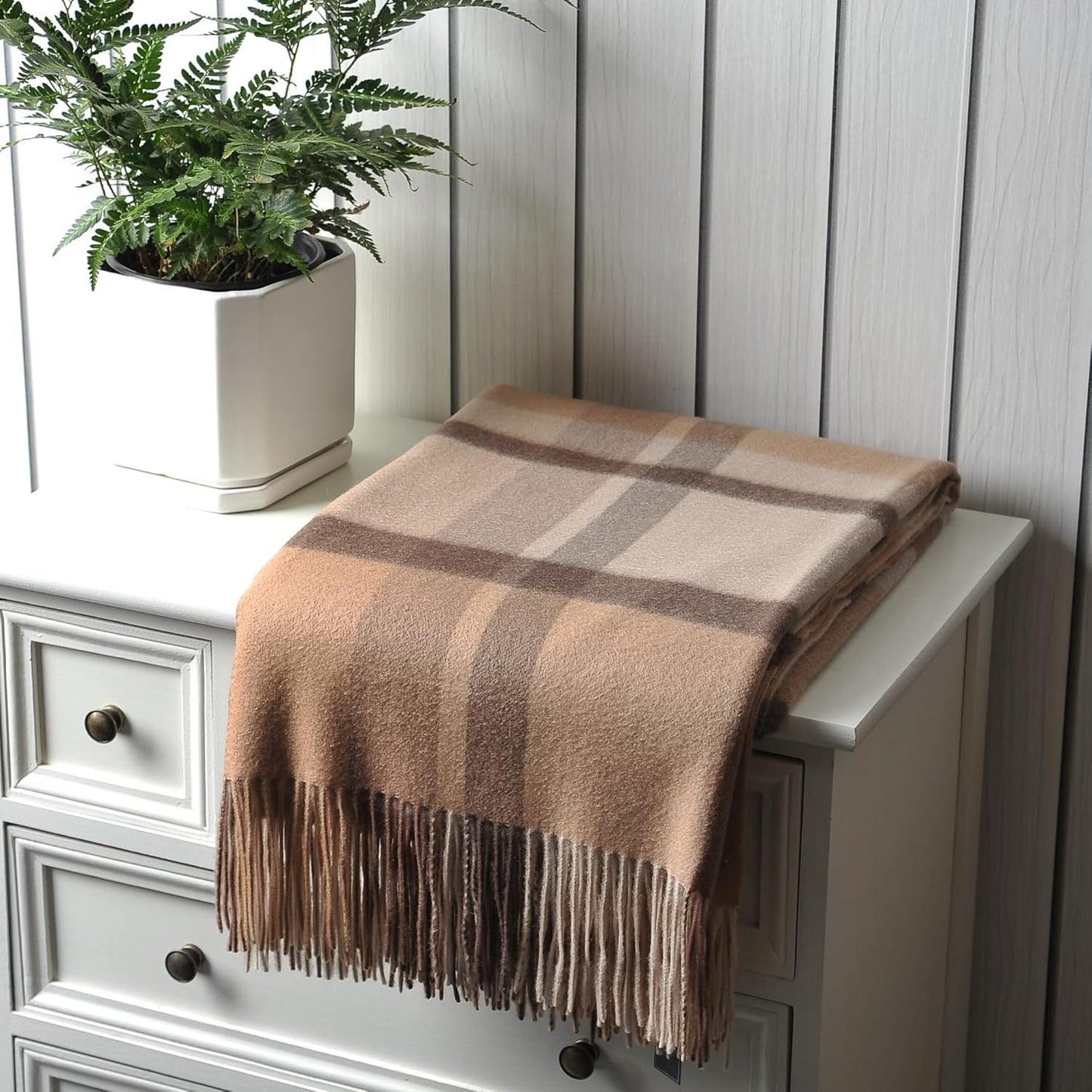 EP Mode 100% Pure Cashmere Throw Blanket for Sofa, Classic Design with Gift Box (Camel Tartan)