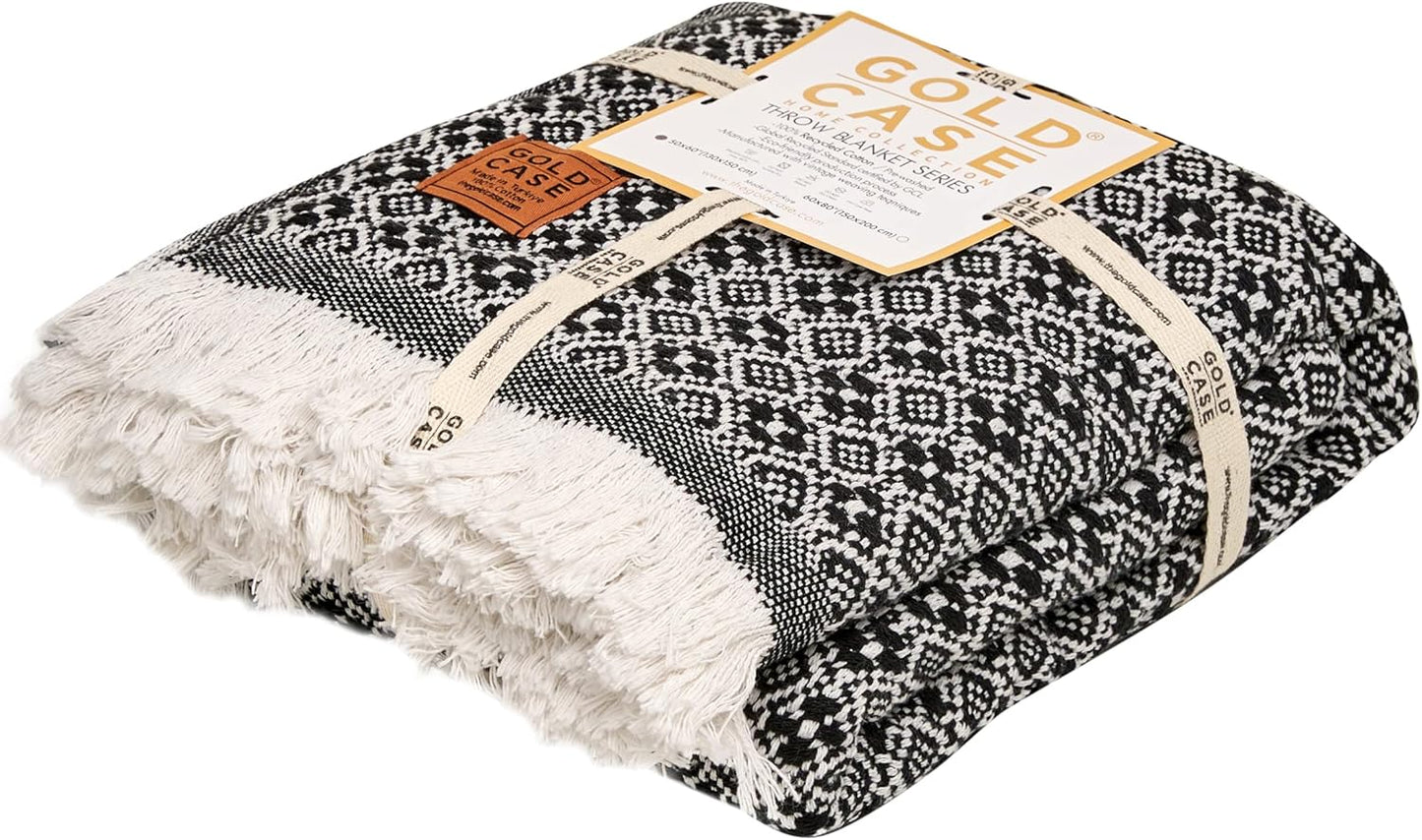 Gold Case Throw Blanket for Couch - 100% Recycled Turkish Cotton Blankets & Throws - Retro Soft Throw Blankets for Living Room - Boho Decorative Woven Couch Blanket - 60x80 - Black