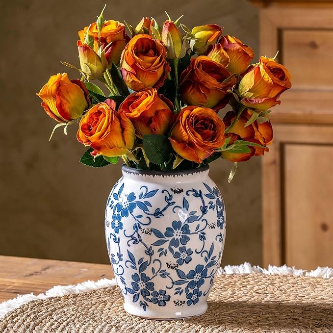 Blue and White Vintage Vase, Ceramic Chinoiserie Floral Vases, Round Farmhouse Rustic Table Centerpiece, Tuscan Home Decor, Large Crackle Glaze Flower Vase for Living Room, Office 6.9 Inch