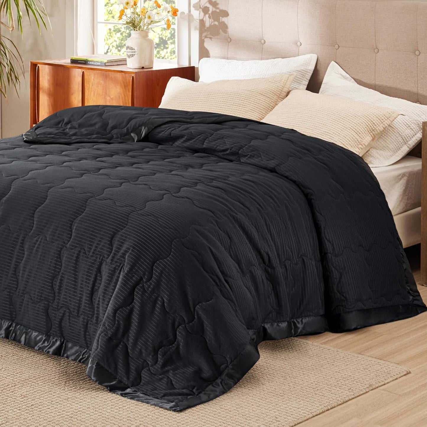 Bedsure Lightweight Blanket for Summer Queen Size - Down Alternative Blanket with Satin Trim for Bed, Light Summer Throw Black, 90x90 Inches