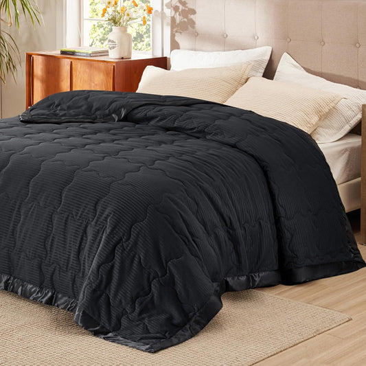 Bedsure Lightweight Blanket for Summer King Size - Down Alternative Blanket with Satin Trim for Bed, Light Summer Throw Black, 108x90 Inches