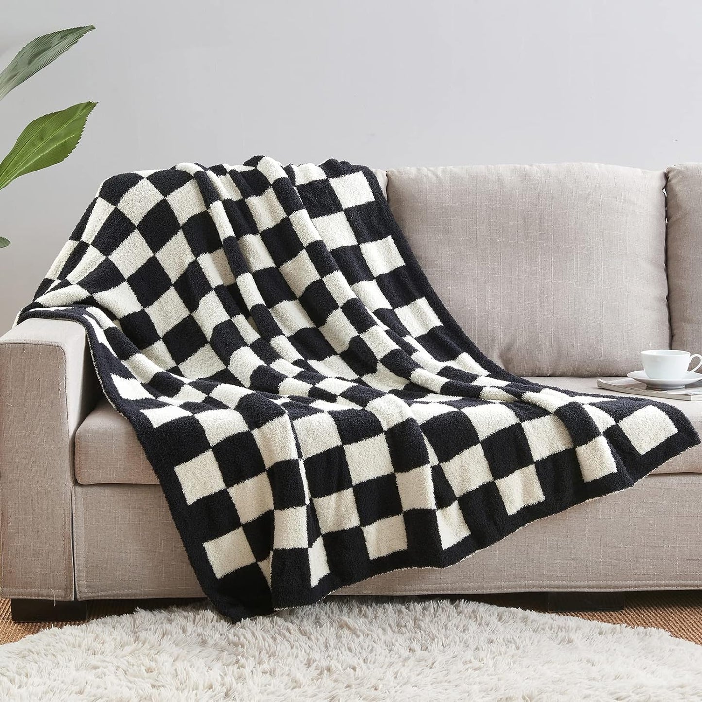 CozeCube Super Soft Fullfy Microfiber Reversible Knitted Blankets, Warm Cozy Fuzzy Plush Throw, Black and White Checkered Throw Blanket for Couch Bed Sofa, 60" x 80"