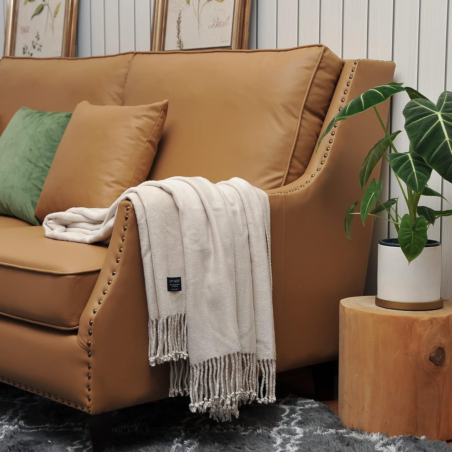 EP Mode Fringed Mulberry Silk Throw Blanket for Sofa (Whisper White)