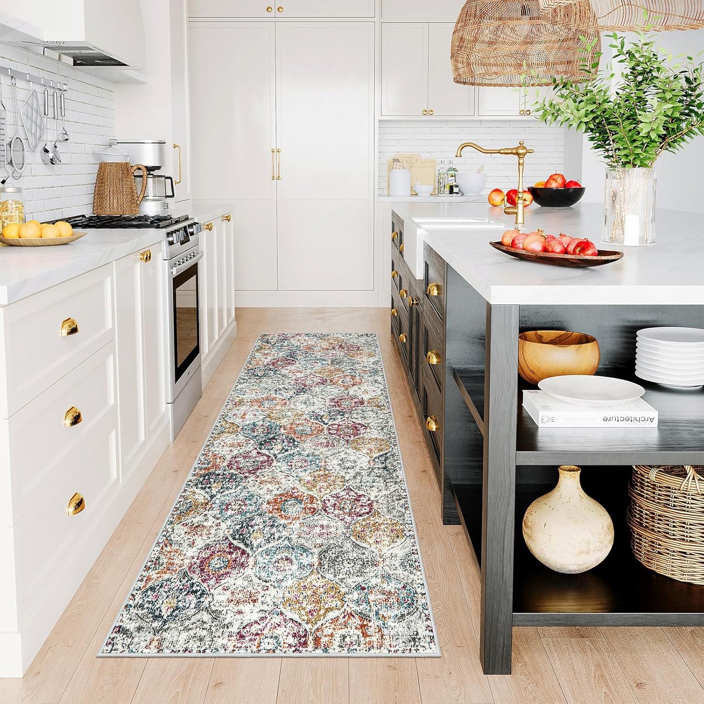 Lahome Moroccan Trellis Hallway Runner Rug, 2x6 Kitchen Runner Rugs Non Skid Washable, Vintage Laundry Room Rug Ultra-Thin Long Carpet for Bathroom Bedroom Entryway, Aqua/Multi