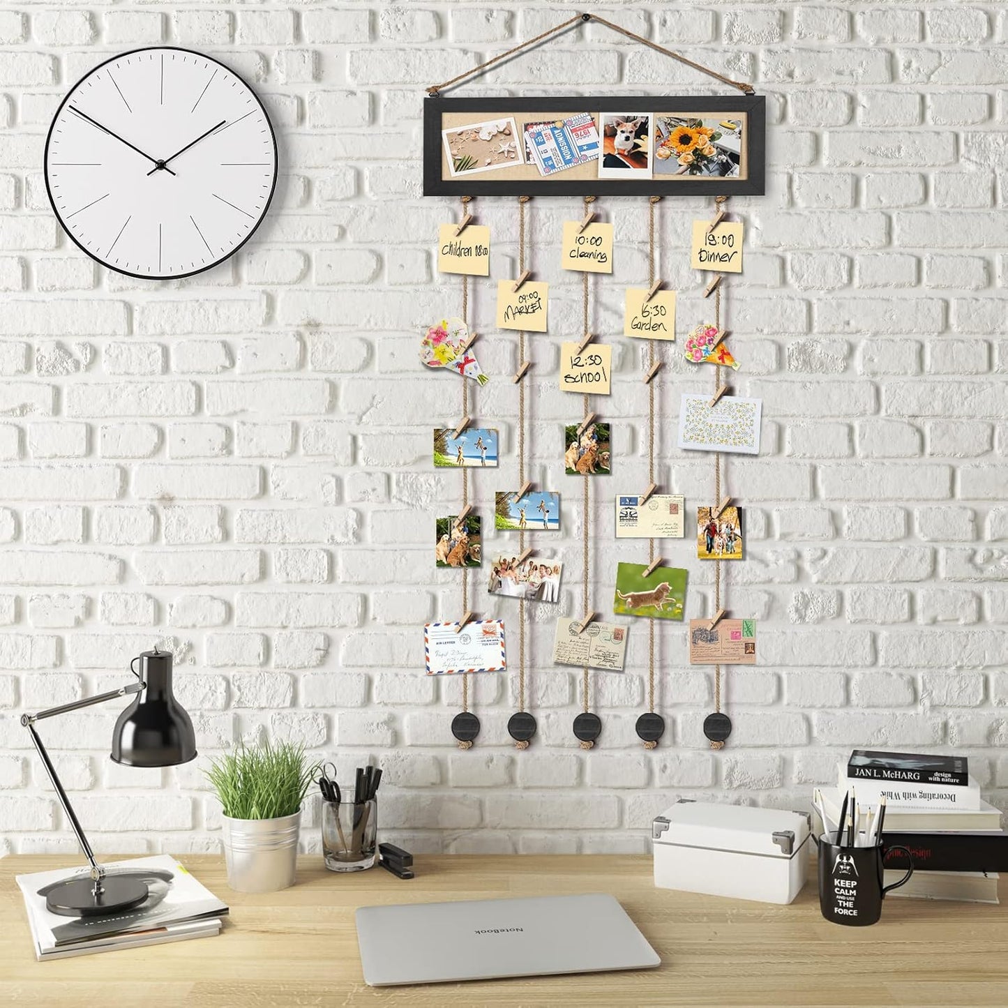 Bikoney Picture Frames Collage Wall Decor Hanging Photo Display Multi Pictures Organizer with Wood Bulletin Board Photo Board 30 Clips and 6 Pushpins for Home and Dorm Room Decor (Black)