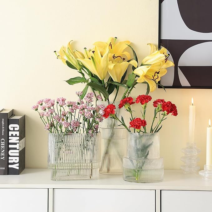 Ribbed Glass Vase, Flower Vase, Fluted Clear Vases for Flowers, Modern Vases for Living Room, Dining Table, Entryway, Shelf, Wedding, Office, Coffee Table, Birthday, 7.5 Inches