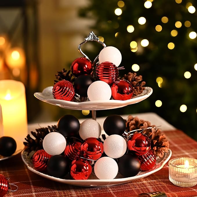 Valery Madelyn 1.57 Inches Small Christmas Tree Decorations Ornament Set for Fall Halloween, 24ct Red and Black Shatterproof Hanging Ball Ornaments Holiday Party Decor