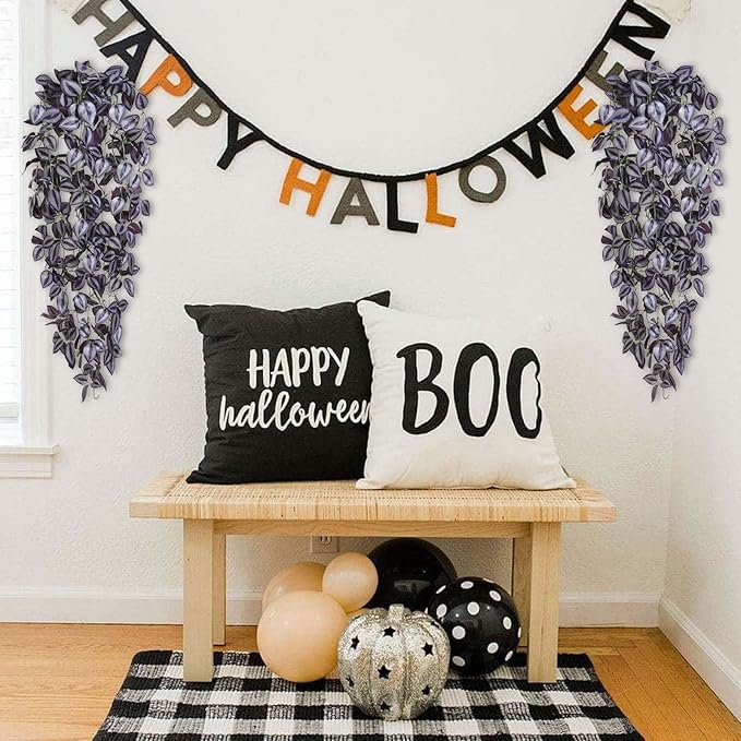 BLEUM CADE Fake Hanging Plants, 4pcs Artificial Hanging Plant, Faux Deep Purple Vines Hanging Plant for Wall Home Living Room Indoor Outdoor Halloween Decor (No Baskets)
