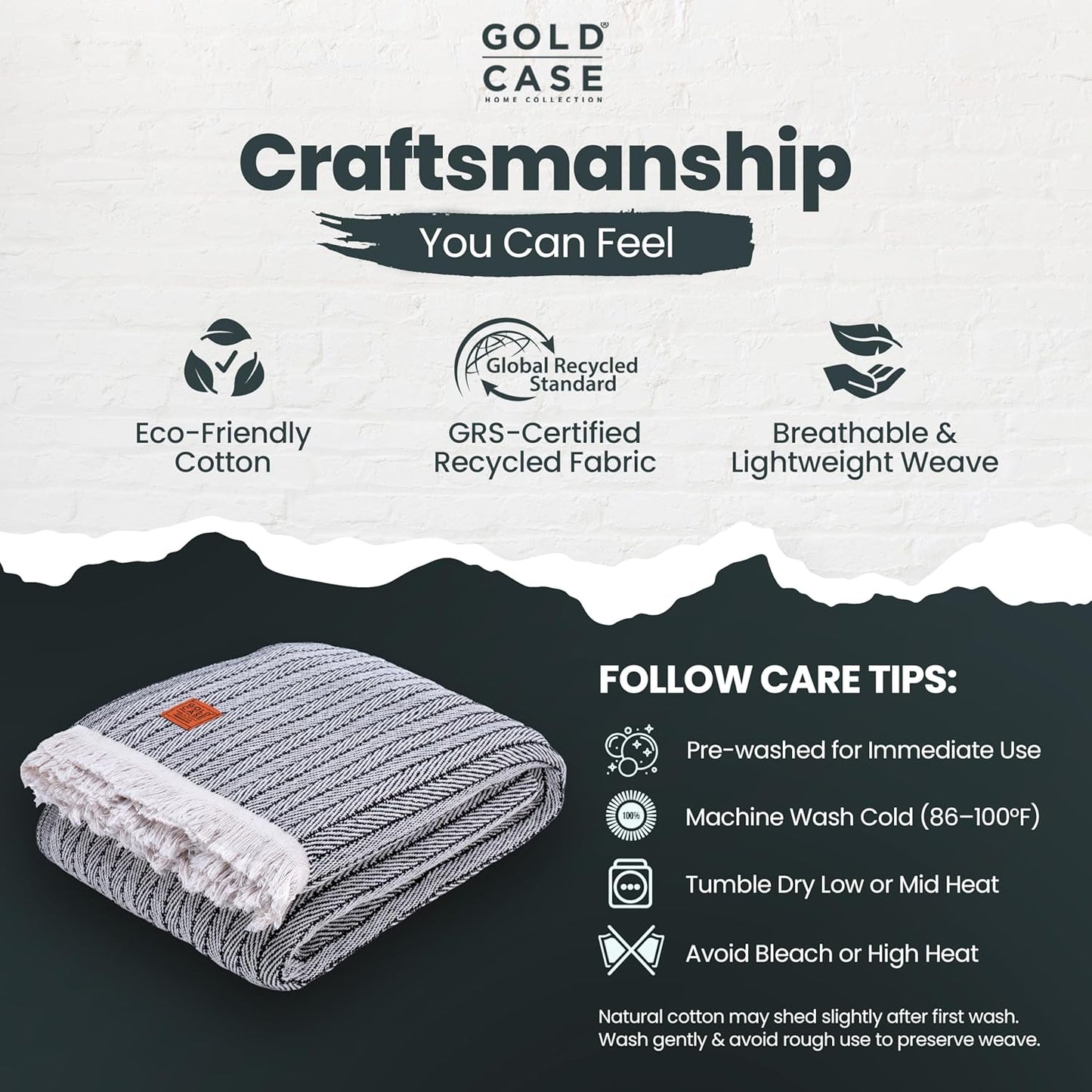 Gold Case Throw Blanket for Bed - 100% Recycled Turkish Cotton Blanket - Vintage Lightweight Soft Throw Blankets for Bed & Living Room - Twin Size Cozy Blankets - 71x90 - Black