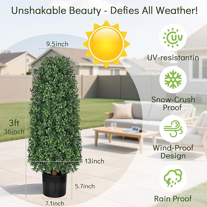 3 FT Artificial Boxwood Trees Outdoors, 36 inch Faux Boxwood Topiary, Set of 2 UV Resistant Bushes & Fake Evergreen Shrubs for Patio Yard Porch Fence Outside Decor