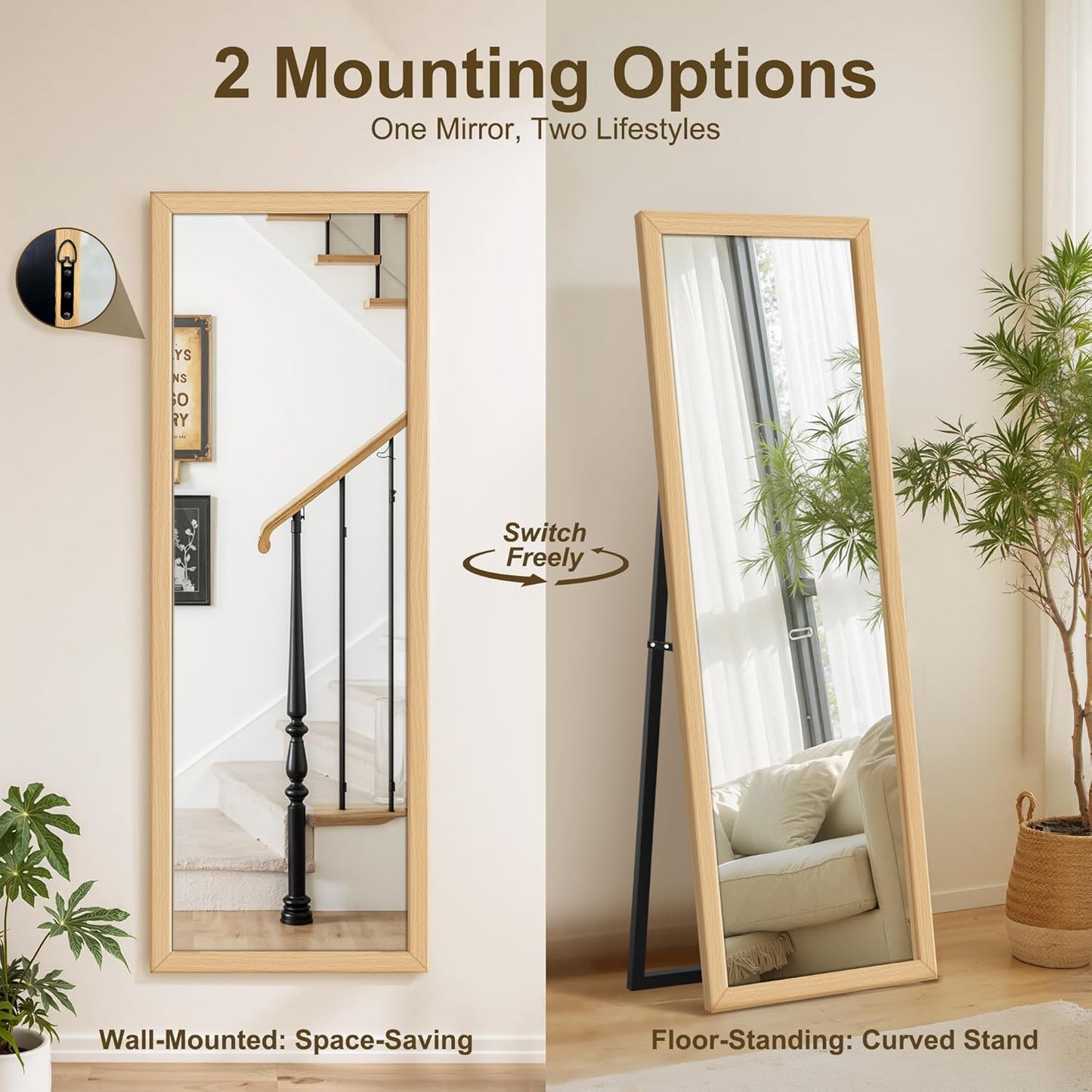 Delma Wall Full Length Mirror, Standing Mirror Full Body, Large Floor for Wall Door Bedroom Bathroom Living Room with Wooden Frame(with Stand,56x20)