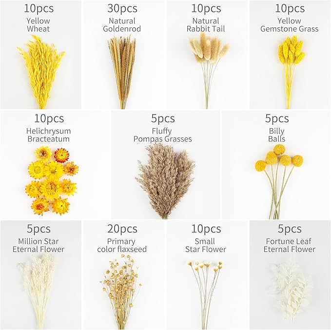 120 Pcs Fall DIY Natural Dried Flowers Set Crafts Mini Dried Florals with Stems Bouquets for Vase Floral Arrangement Handcraft Door Hanging Wreath Table Centrepieces Thanksgiving Decor(Yellow)