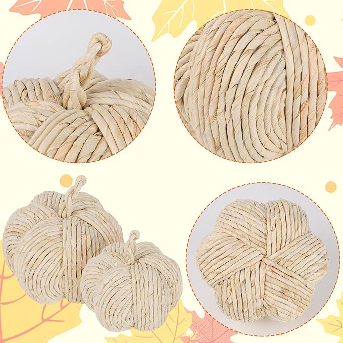 winemana 2 Pack Woven Pumpkin Decor - Fall & Thanksgiving Home Decorations, White Pumpkins Farmhouse Autumn Centerpieces for Table, Mantel, Porch Decor (Cattail Material, Assorted Size)
