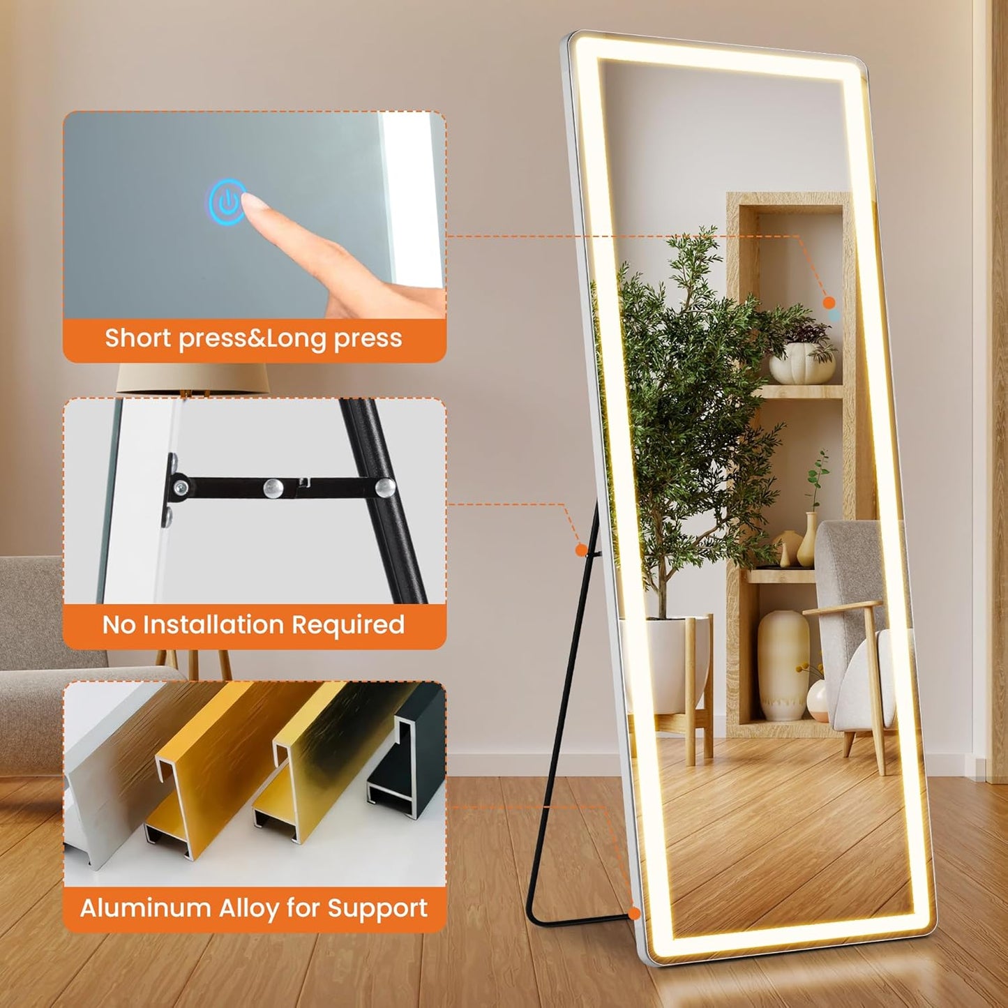 Full Length Mirror with Lights, 71" x 26" LED Floor Mirrors, Full Body Dressing Standing Mirrors with Dimming & 3 Color Lighting, Hanging Mounted Mirror for Living Room Bedroom Cloakroom