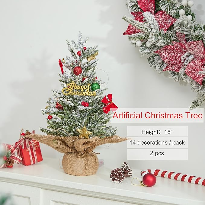 2 PCS Tabletop Christmas Tree, Small Flocked Xmas Tree Mini Artificial Pine Tree with Burlap Base for Desk Table Fireplace Mantel Decor 18 Inches