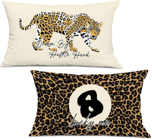 Coquette Pink Bow Leopard Print Lips Lucky 8 Ball Throw Pillow Covers 20x12, Cheetah Print Room Decor, Funky Y2K Leopard Decorative Pillow Covers for Girls Room Dorm Apartment Home，Set of 2