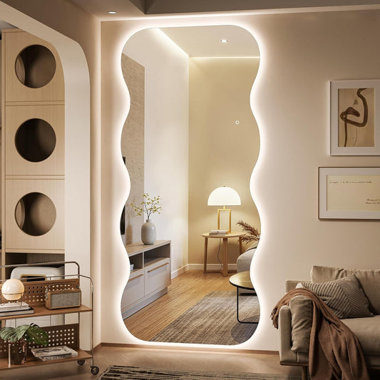 Hasipu Wavy Full Length Mirror with Lights - 94"×39" LED Wavy Floor Mirror, Frameless, Dimmable, Standing or Vertical/Horizontal Wall-Mounted Mirror for Bedroom, Living Room, Cloakroom