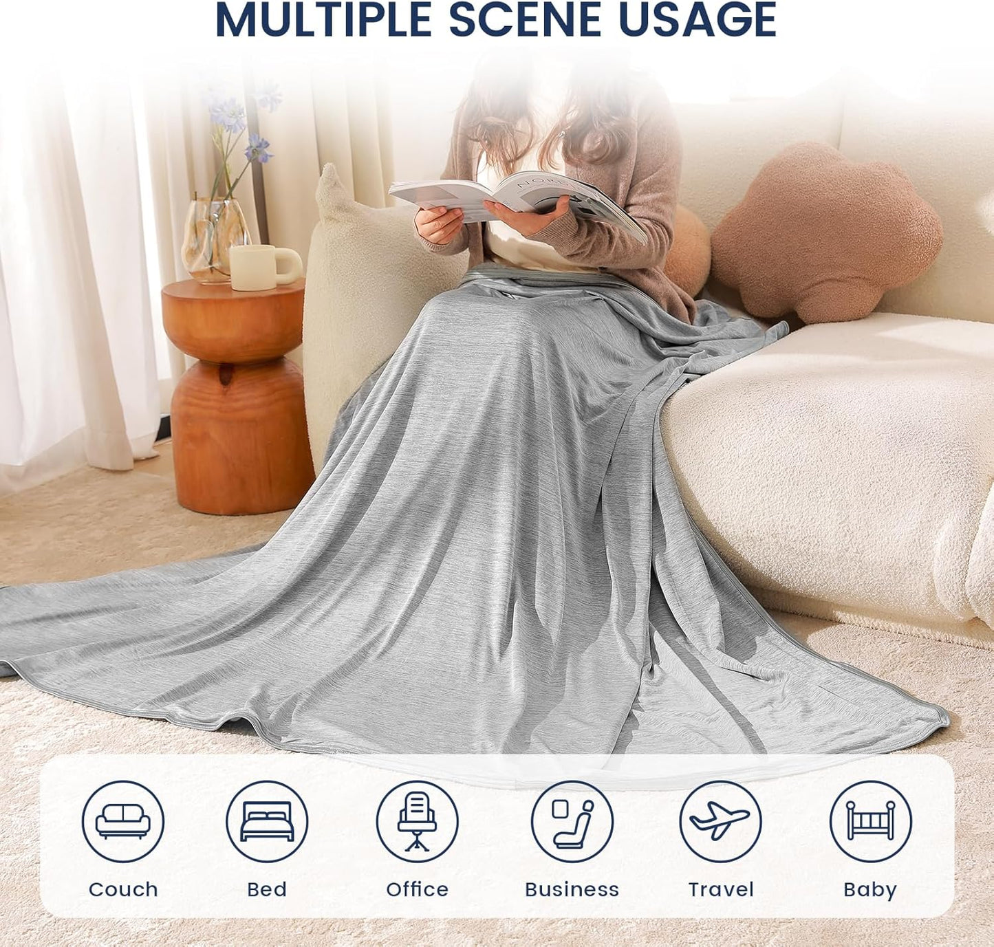 Cooling Blanket for Hot Sleepers, Cool Throw for Hot Flashes or Night Sweats, Q-Max>0.45 Cool Fiber for Home Bed Camping Travel, Lightweight, Soft, Double or Queen Size, 79x86 inch, Grey